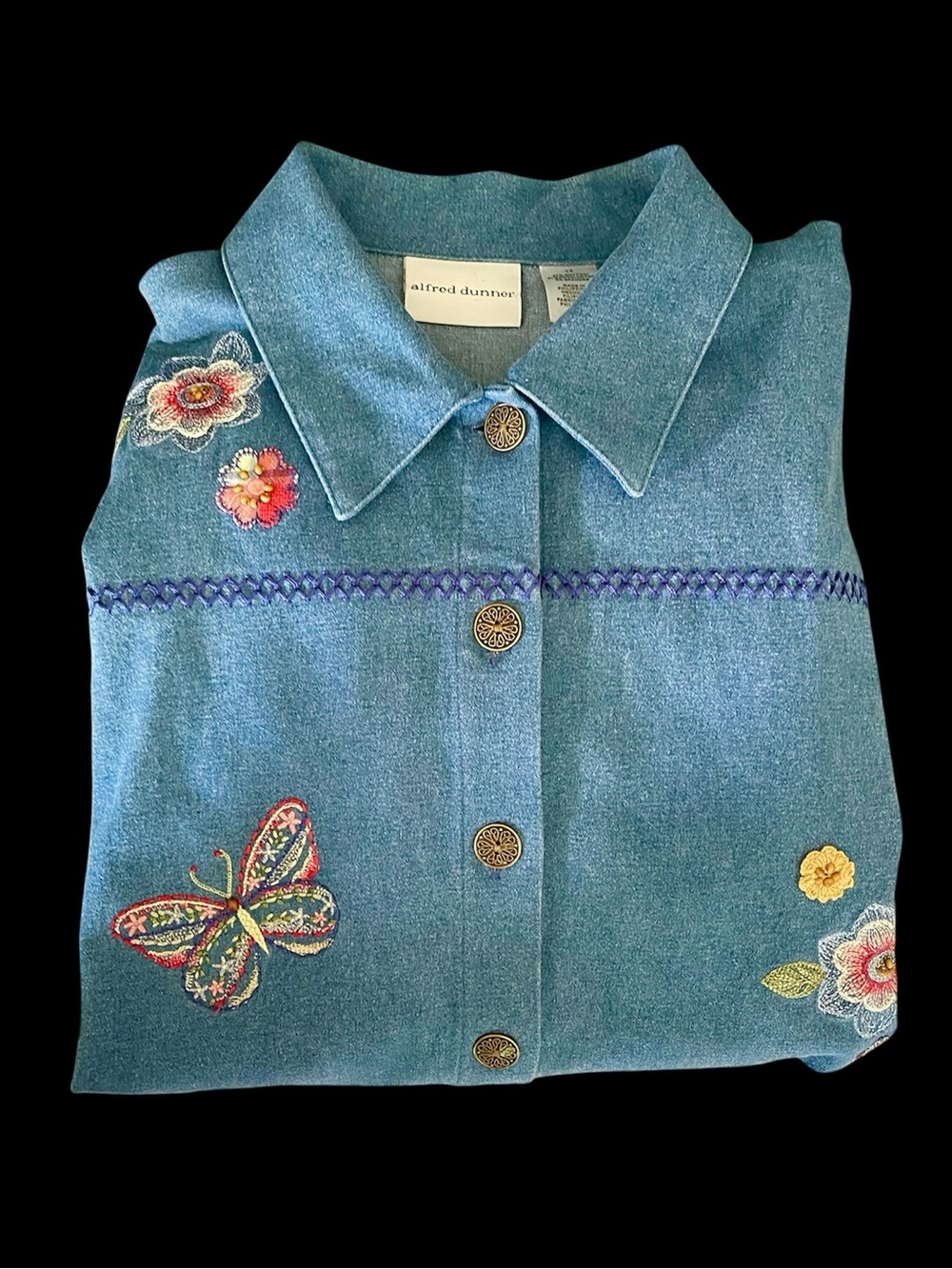 Alfred Dunner Embroidered Floral Butterfly Jean Jacket, easily fits med to 1X